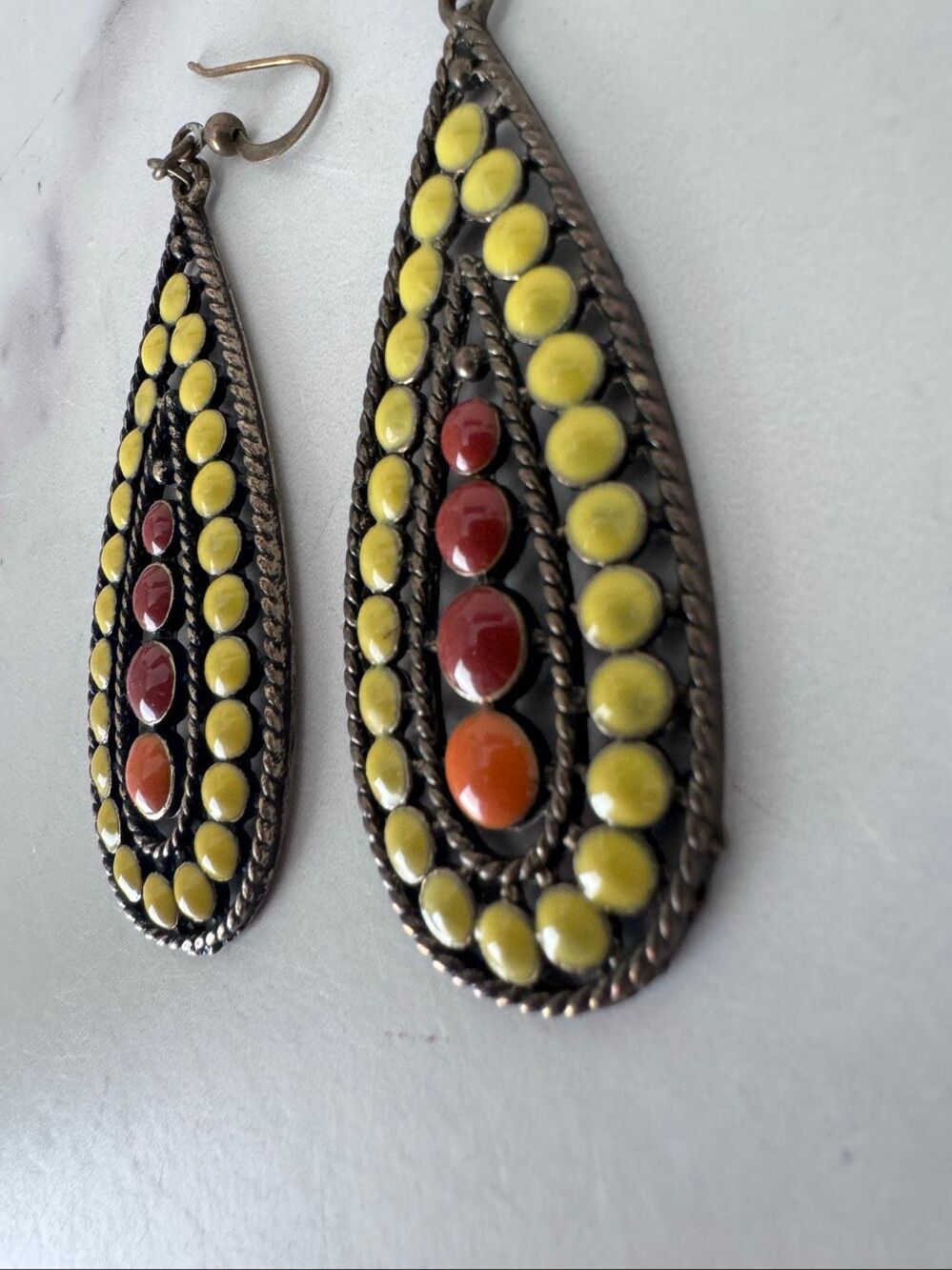 Women’s boho mustard yellow copper red teardrop metal earrings 2.5” hook hippie - Picture 2 of 3